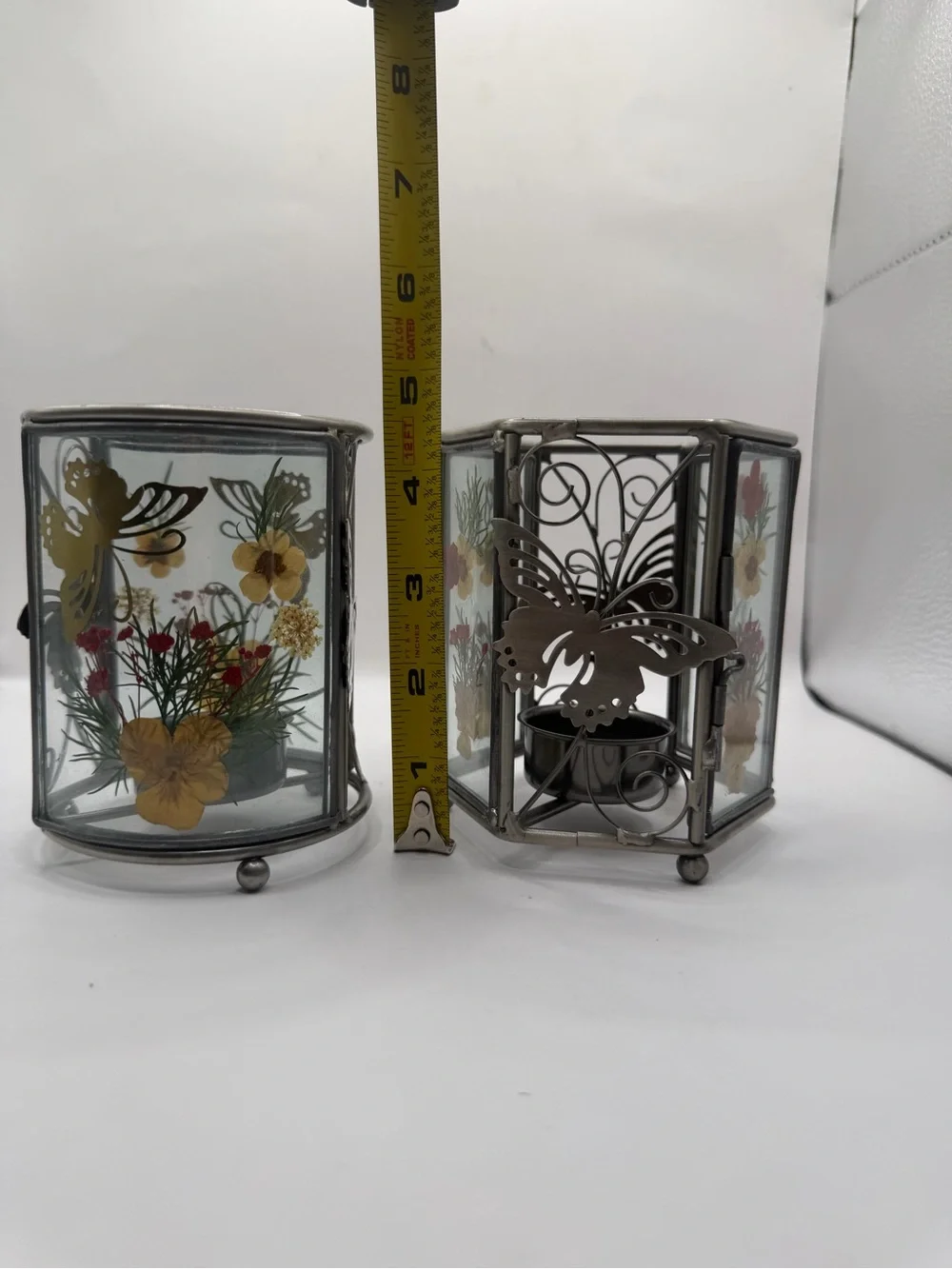 Pressed Flower Butterfly Glass Tealight Candle Holders Set of 2